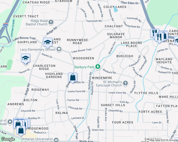 map of restaurants, bars, coffee shops, grocery stores, and more near 1625 Nottingham Rd in Raleigh