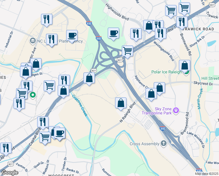 map of restaurants, bars, coffee shops, grocery stores, and more near 2400 Yonkers Road in Raleigh