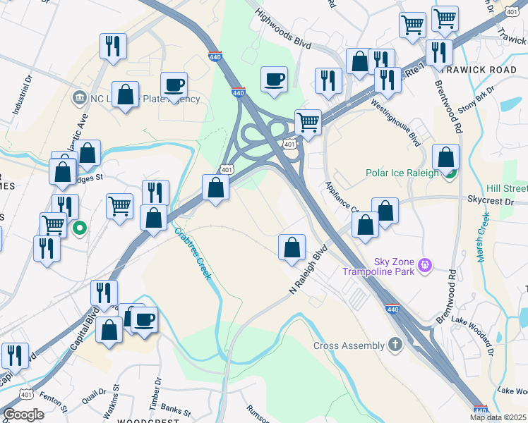 map of restaurants, bars, coffee shops, grocery stores, and more near 2400 Yonkers Road in Raleigh