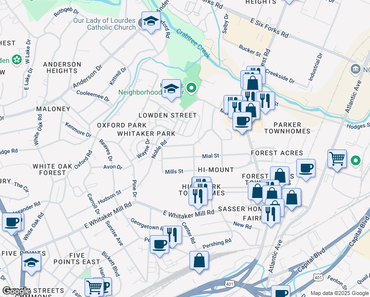 map of restaurants, bars, coffee shops, grocery stores, and more near 518 Peebles Street in Raleigh