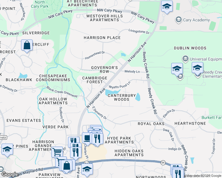 map of restaurants, bars, coffee shops, grocery stores, and more near 102 Wyatts Pond Lane in Cary