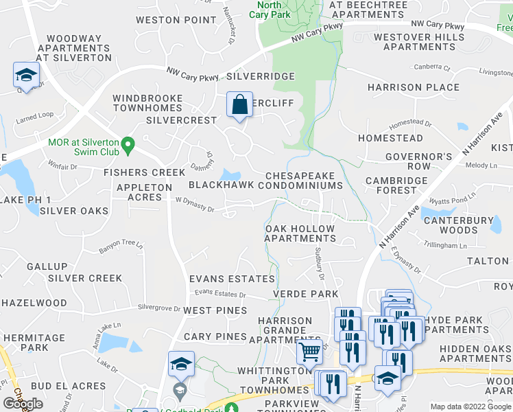 map of restaurants, bars, coffee shops, grocery stores, and more near 101 Marbury Court in Cary