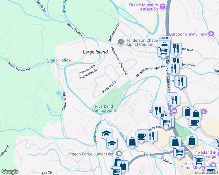 map of restaurants, bars, coffee shops, grocery stores, and more near 62 Riverbend Loop in Pigeon Forge