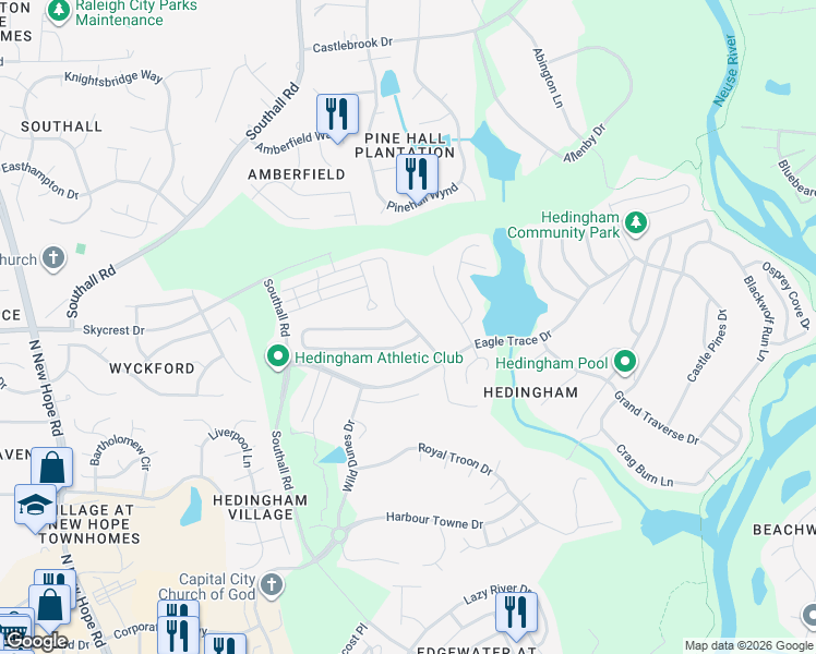 map of restaurants, bars, coffee shops, grocery stores, and more near 2017 Laurel Valley Way in Raleigh