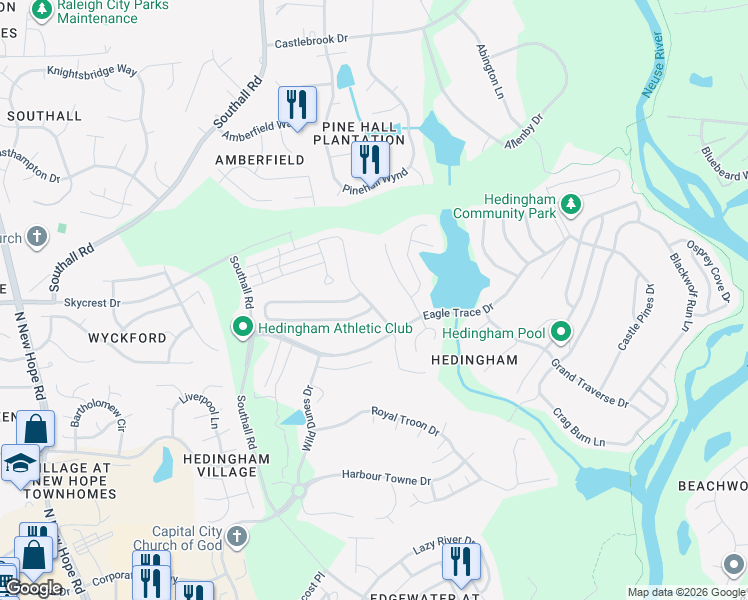 map of restaurants, bars, coffee shops, grocery stores, and more near 2017 Laurel Valley Way in Raleigh