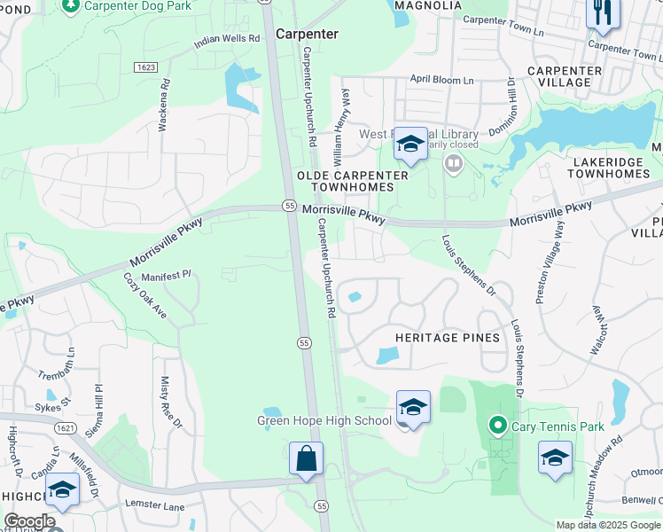 map of restaurants, bars, coffee shops, grocery stores, and more near 2740 Carpenter Upchurch Road in Cary