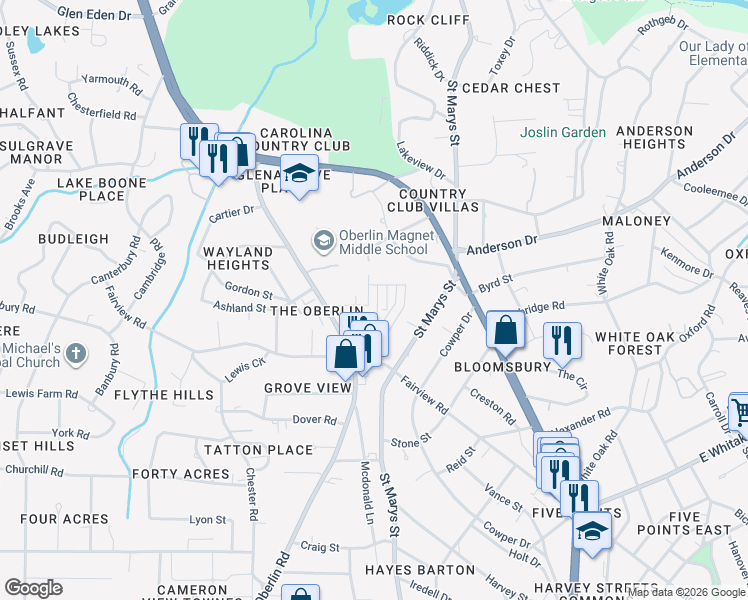 map of restaurants, bars, coffee shops, grocery stores, and more near 2409 Middle Court in Raleigh