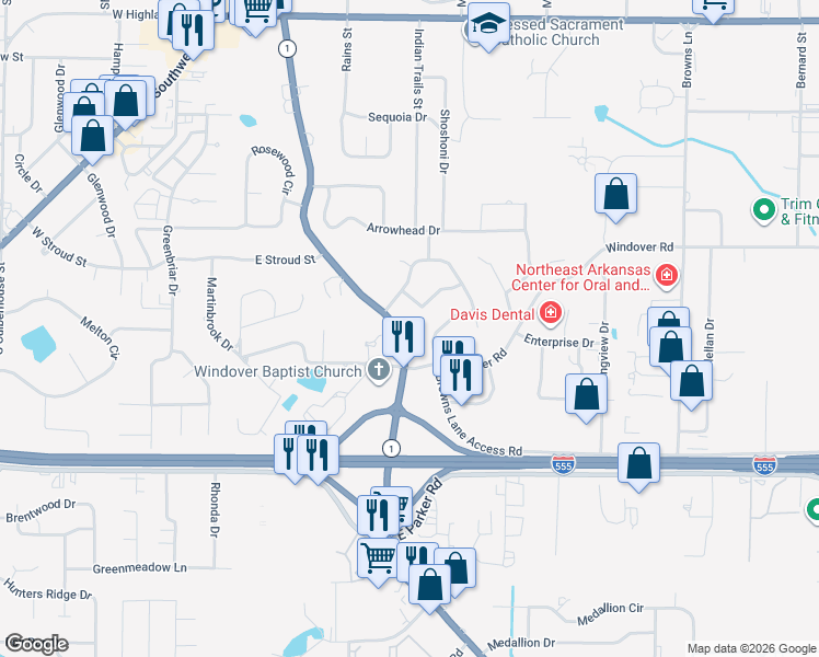 map of restaurants, bars, coffee shops, grocery stores, and more near 2810 Harrisburg Road in Jonesboro