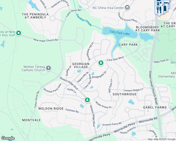 map of restaurants, bars, coffee shops, grocery stores, and more near 5404 Cary Glen Boulevard in Cary