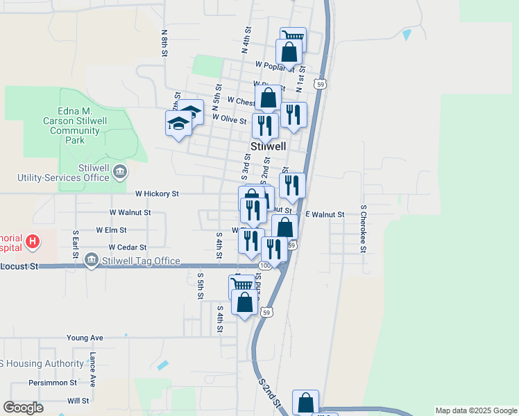 map of restaurants, bars, coffee shops, grocery stores, and more near 309 South 2nd Street in Stilwell