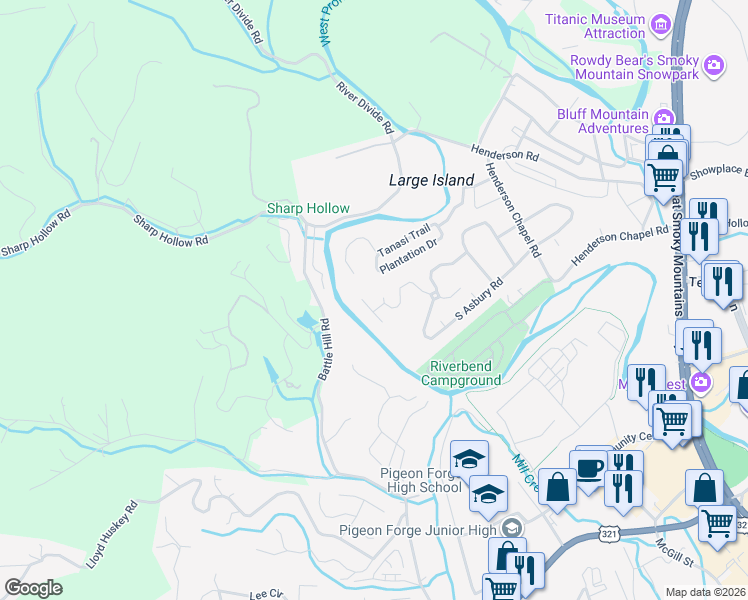 map of restaurants, bars, coffee shops, grocery stores, and more near 2112 River Bank Drive in Pigeon Forge
