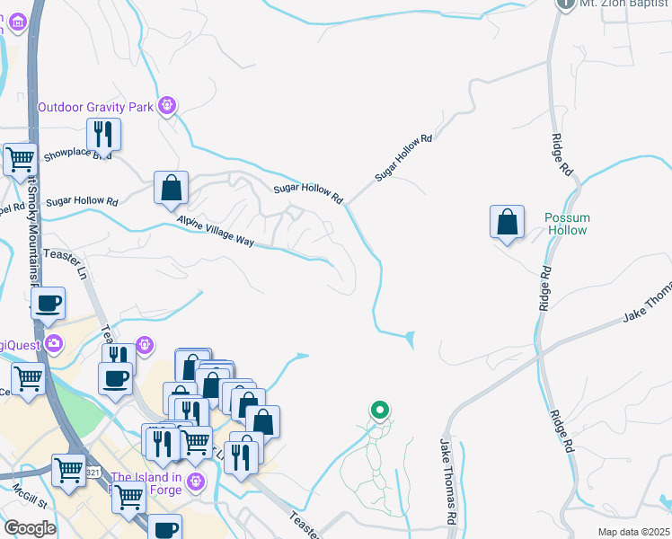 map of restaurants, bars, coffee shops, grocery stores, and more near 2394 Alpine Village Way in Pigeon Forge