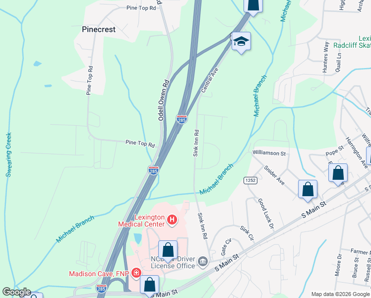 map of restaurants, bars, coffee shops, grocery stores, and more near 375 Sink Inn Road in Lexington