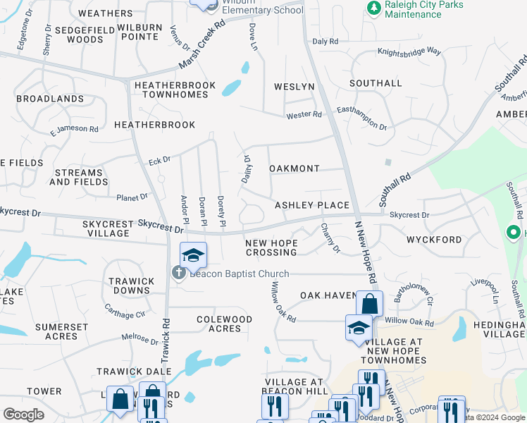 map of restaurants, bars, coffee shops, grocery stores, and more near 4030 Northstone Drive in Raleigh