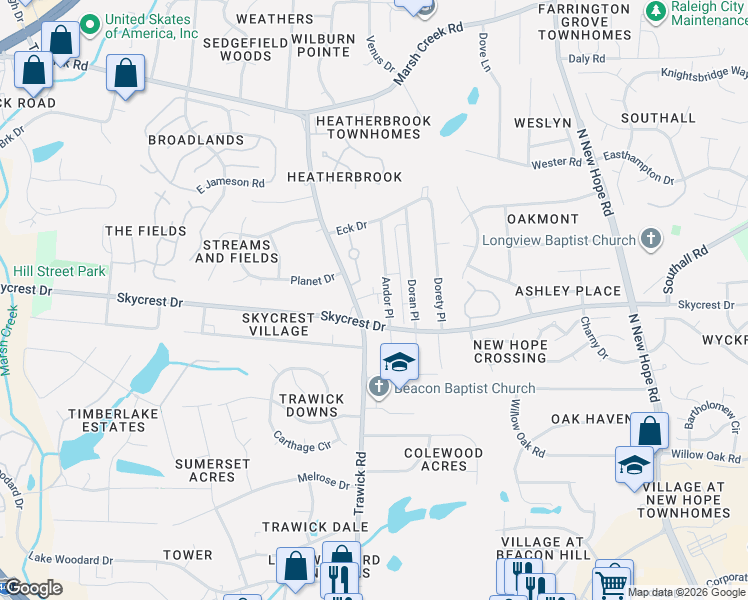 map of restaurants, bars, coffee shops, grocery stores, and more near 2312 Trawick Road in Raleigh