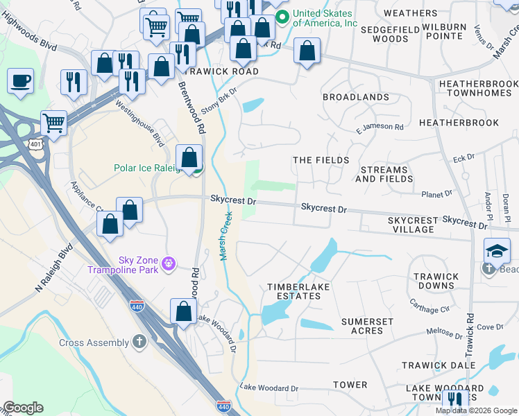 map of restaurants, bars, coffee shops, grocery stores, and more near 3003 Dogwood Drive in Raleigh
