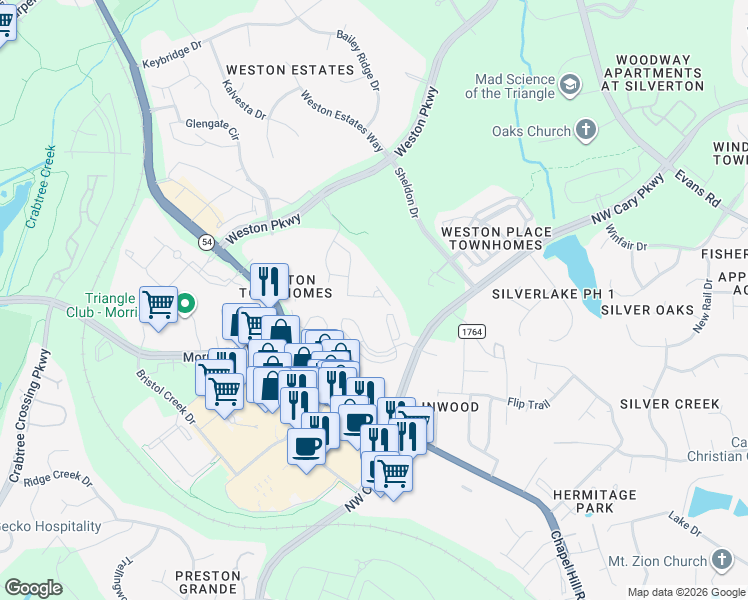 map of restaurants, bars, coffee shops, grocery stores, and more near 1708 Macalpine Circle in Morrisville