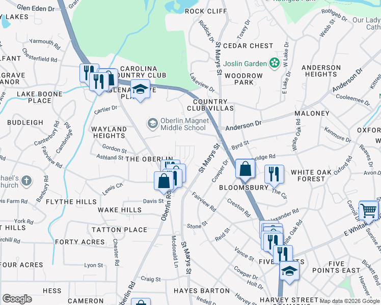 map of restaurants, bars, coffee shops, grocery stores, and more near 2643 Marchmont Street in Raleigh