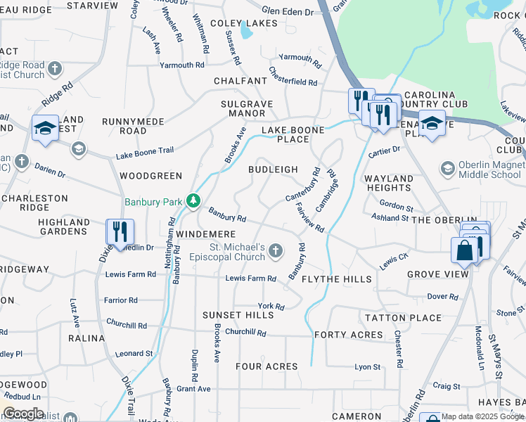 map of restaurants, bars, coffee shops, grocery stores, and more near 1607 Canterbury Road in Raleigh