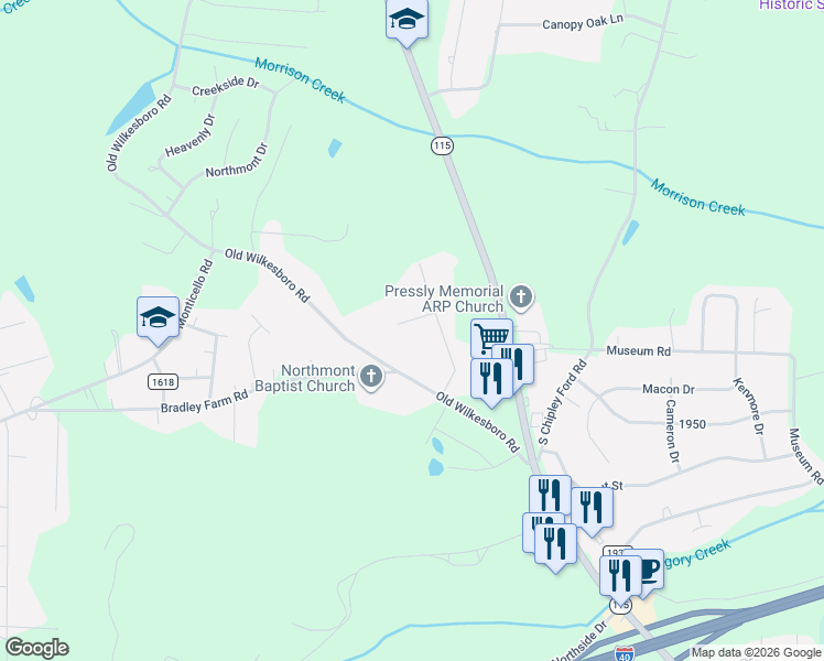 map of restaurants, bars, coffee shops, grocery stores, and more near 1842 Old Wilkesboro Road in Statesville