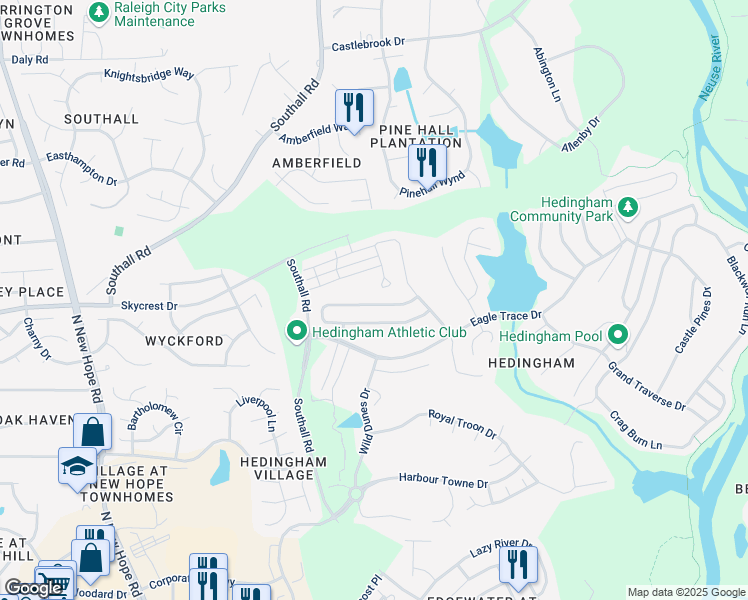 map of restaurants, bars, coffee shops, grocery stores, and more near 4652 Forest Highland Drive in Raleigh