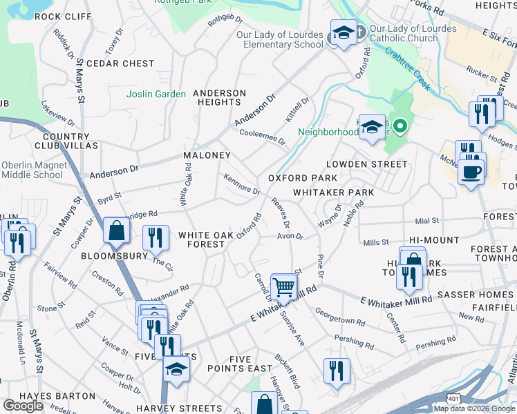 map of restaurants, bars, coffee shops, grocery stores, and more near 2301 Oxford Road in Raleigh