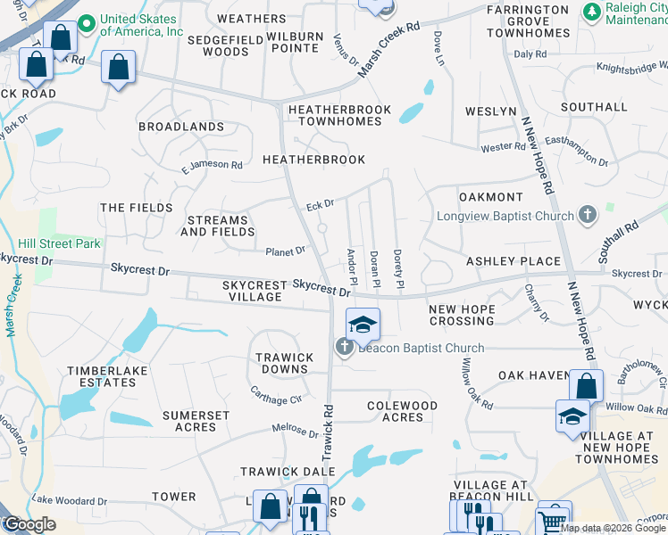 map of restaurants, bars, coffee shops, grocery stores, and more near 2312 Trawick Road in Raleigh