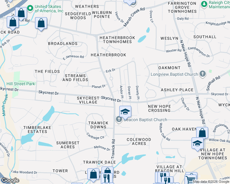 map of restaurants, bars, coffee shops, grocery stores, and more near 2312 Trawick Road in Raleigh