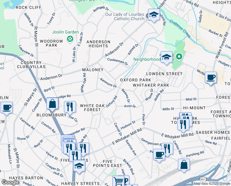 map of restaurants, bars, coffee shops, grocery stores, and more near 2301 Oxford Road in Raleigh