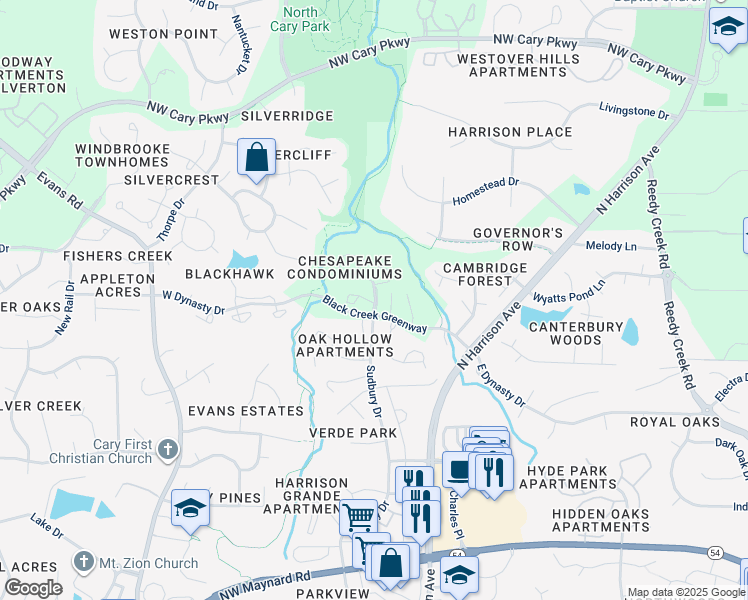map of restaurants, bars, coffee shops, grocery stores, and more near 100 White Bluff Lane in Cary