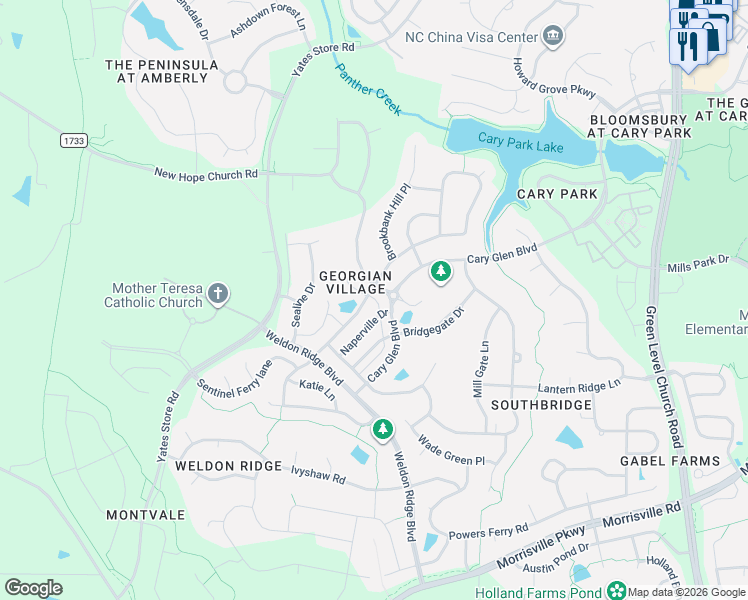 map of restaurants, bars, coffee shops, grocery stores, and more near 5500 Cary Glen Boulevard in Cary