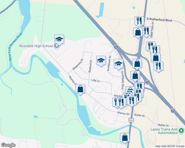 map of restaurants, bars, coffee shops, grocery stores, and more near 510 Lilly Lane in Murfreesboro