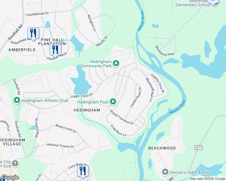 map of restaurants, bars, coffee shops, grocery stores, and more near 5357 Cog Hill Court in Raleigh