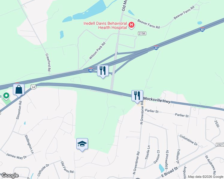 map of restaurants, bars, coffee shops, grocery stores, and more near 117 Old Mocksville Road in Statesville