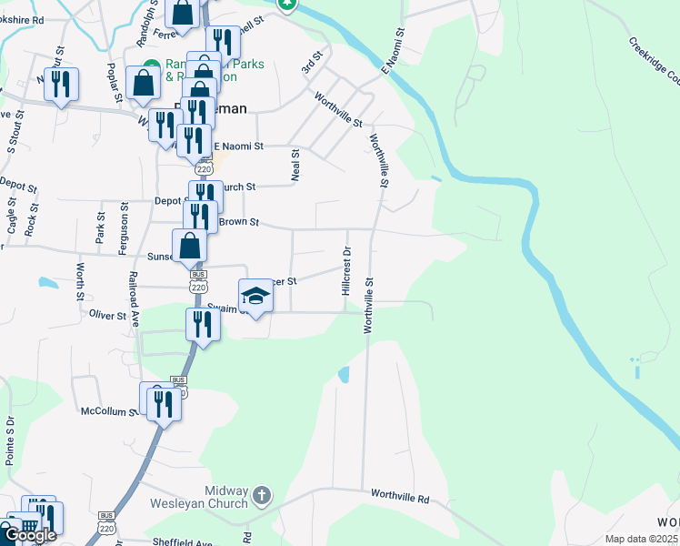 map of restaurants, bars, coffee shops, grocery stores, and more near 500 Hillcrest Drive in Randleman
