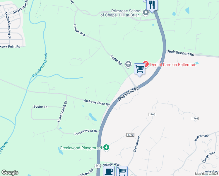 map of restaurants, bars, coffee shops, grocery stores, and more near 127 Allendale Drive in Pittsboro