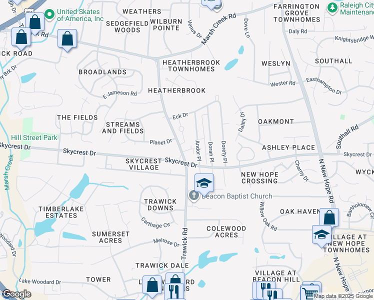 map of restaurants, bars, coffee shops, grocery stores, and more near 2312 Trawick Road in Raleigh