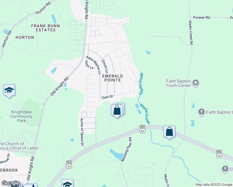 map of restaurants, bars, coffee shops, grocery stores, and more near 102 Spinel Lane in Knightdale