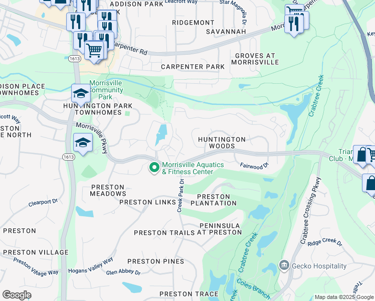 map of restaurants, bars, coffee shops, grocery stores, and more near 105 Hunters Glen Court in Morrisville