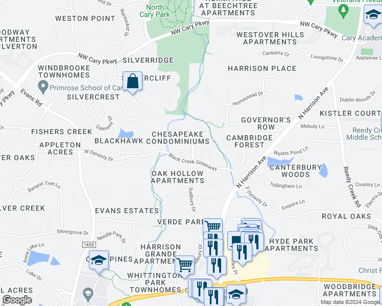 map of restaurants, bars, coffee shops, grocery stores, and more near 102 Choptank Court in Cary