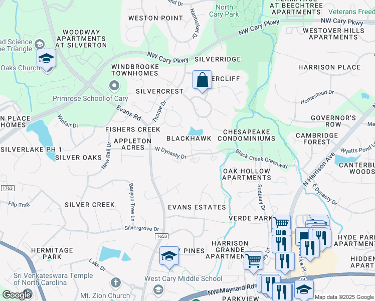 map of restaurants, bars, coffee shops, grocery stores, and more near 1123 Glenolden Court in Cary