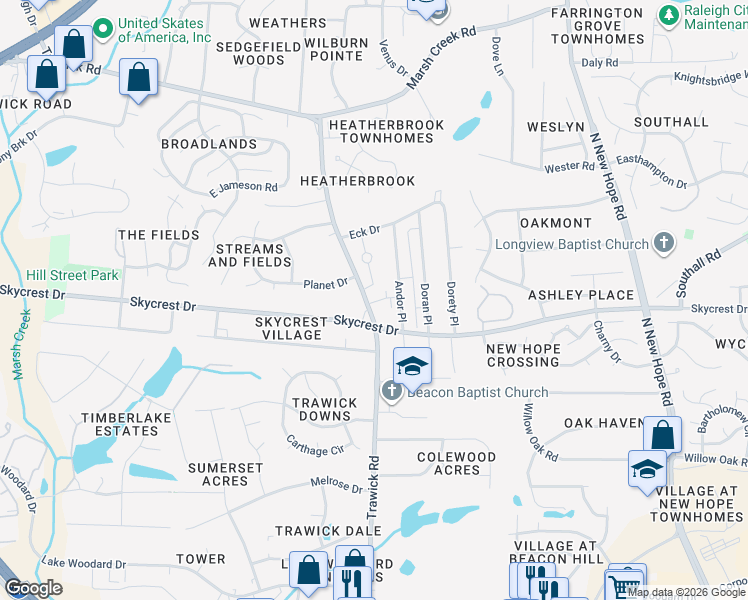 map of restaurants, bars, coffee shops, grocery stores, and more near 2312 Trawick Road in Raleigh