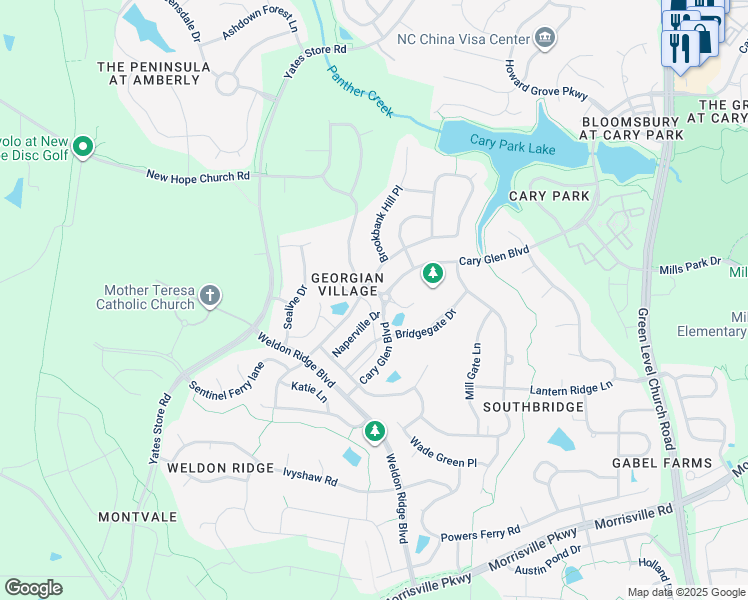 map of restaurants, bars, coffee shops, grocery stores, and more near 311 Waverly Hills Drive in Cary