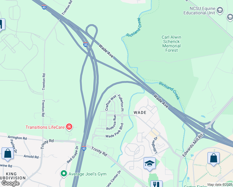 map of restaurants, bars, coffee shops, grocery stores, and more near 1647 Crafton Way in Raleigh