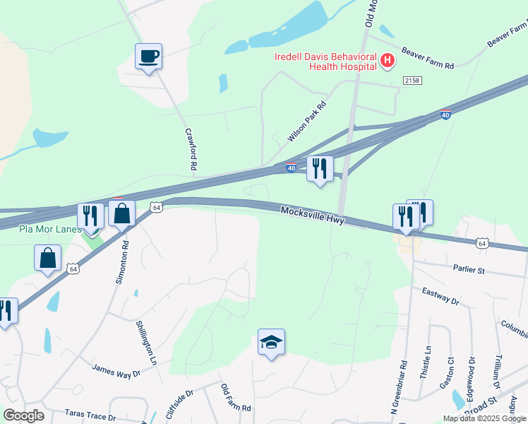 map of restaurants, bars, coffee shops, grocery stores, and more near Peachtree Road in Statesville