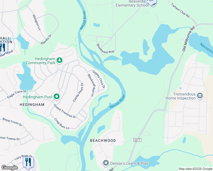 map of restaurants, bars, coffee shops, grocery stores, and more near 5718 Osprey Cove Drive in Raleigh