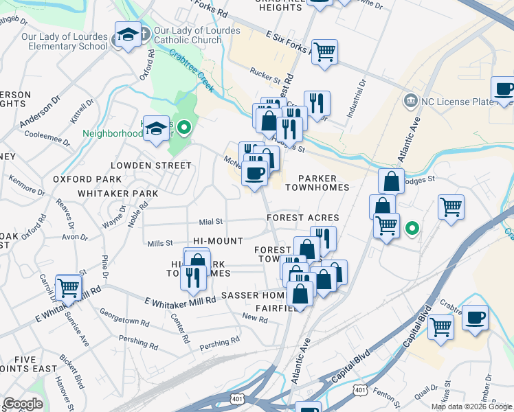 map of restaurants, bars, coffee shops, grocery stores, and more near 725 Mial Street in Raleigh