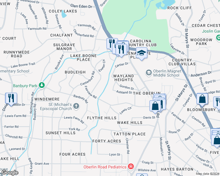 map of restaurants, bars, coffee shops, grocery stores, and more near 2836 Wayland Drive in Raleigh