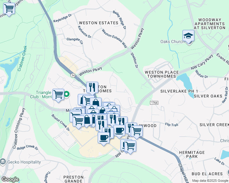 map of restaurants, bars, coffee shops, grocery stores, and more near 466 Talons Rest Way in Cary