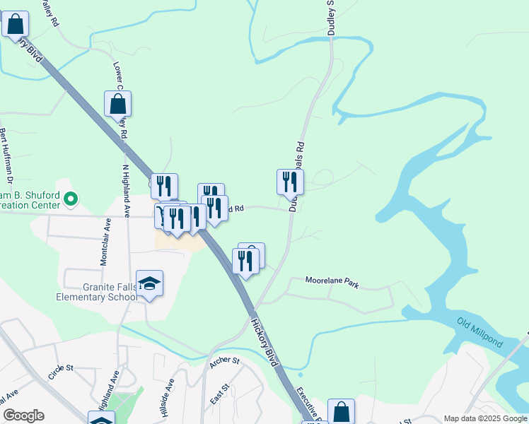 map of restaurants, bars, coffee shops, grocery stores, and more near 9 Pinewood Road in Granite Falls
